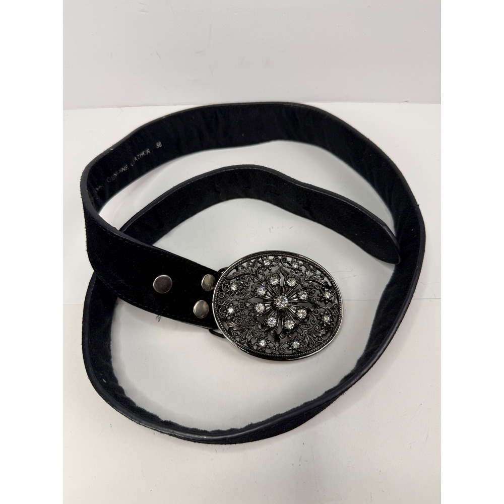 Genuine Black Suede Leather Belt Gunmetal Rhinestone Filigree Buckle Size 36